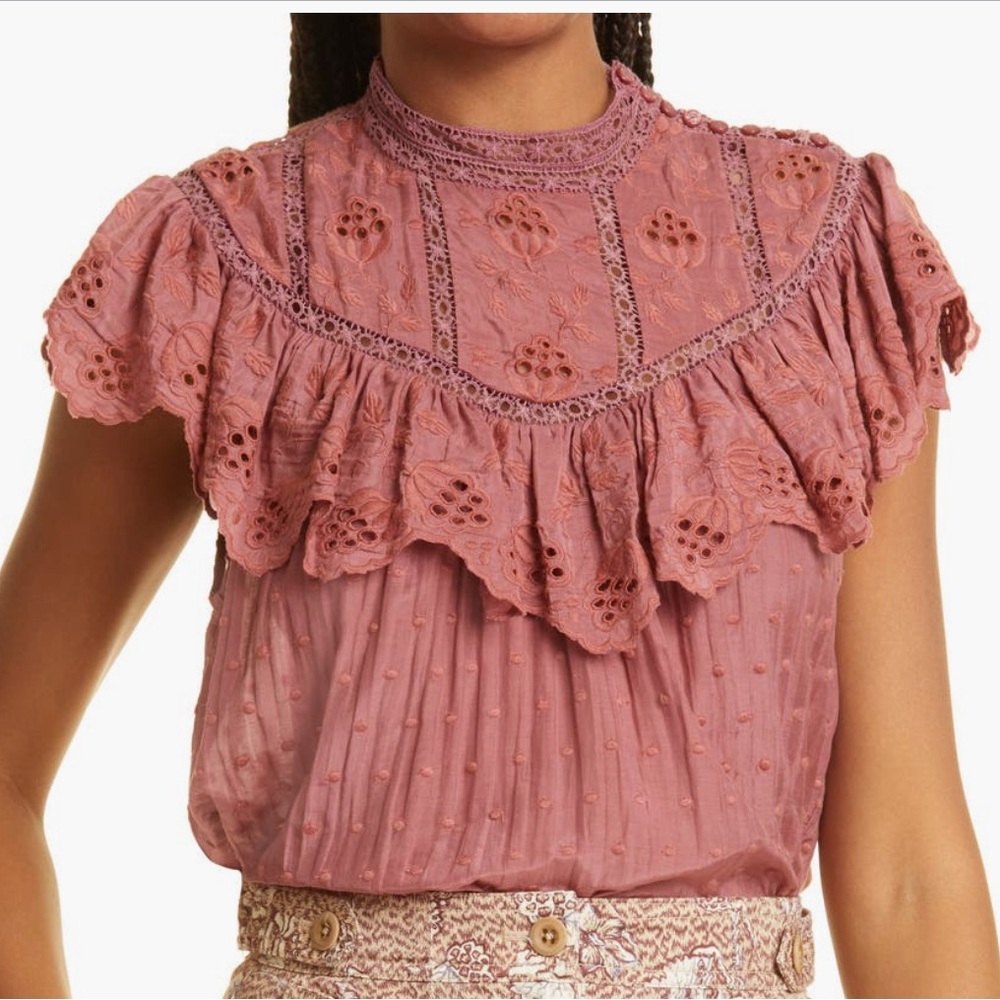 Ulla Johnson Delaine Dusty Rose Embroidered Lace Top